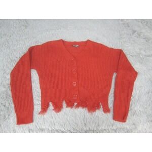 Fashionova Sweater‎ Womens Medium Red Cardigan Cropped Raw Hem Knit Casual